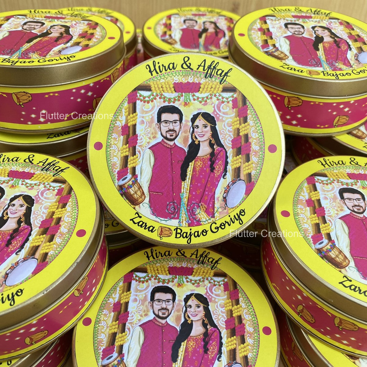 Wedding Customized Tin Bidh Box with Custom Illustration of Bride & Groom