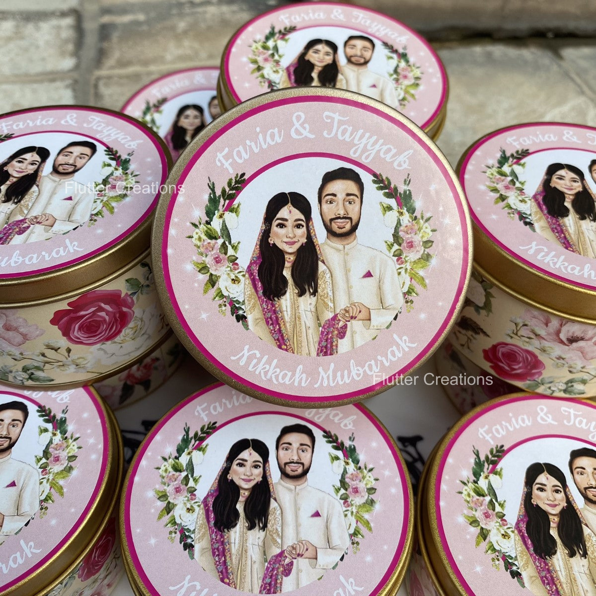 Wedding Customized Tin Bidh Box with Custom Illustration of Bride & Groom