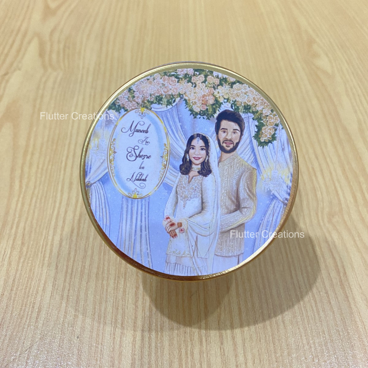 Wedding Customized Tin Bidh Box with custom illustration of Bride & Groom