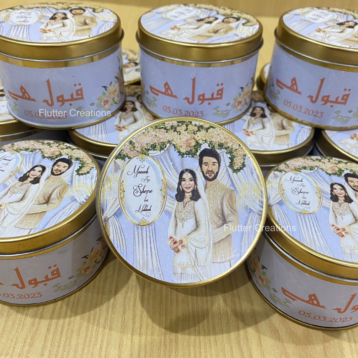 Wedding Customized Tin Bidh Box with custom illustration of Bride & Groom