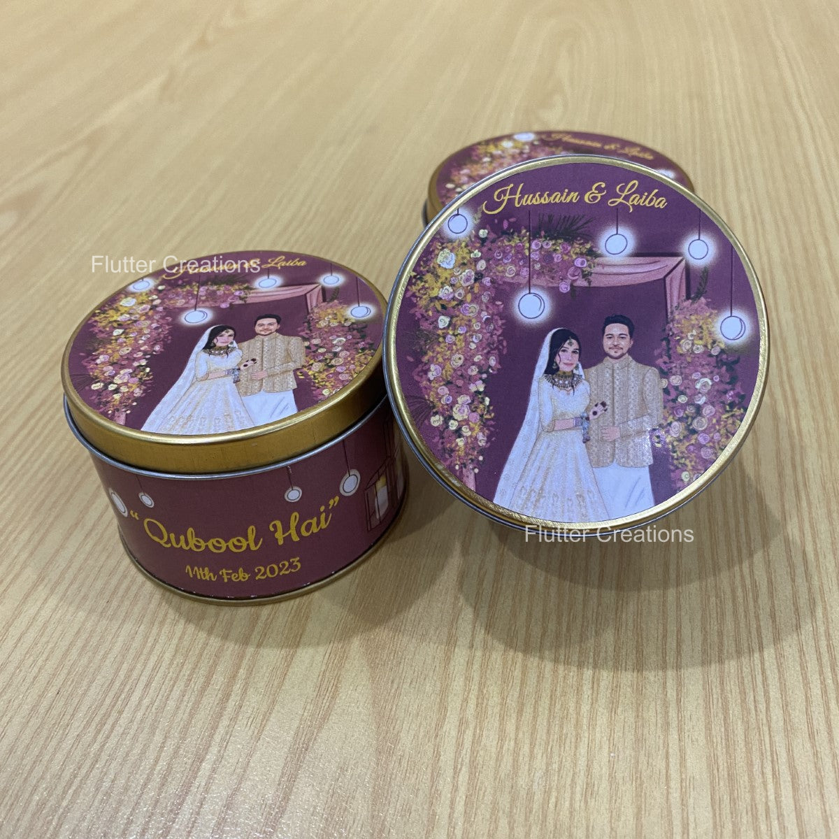 Wedding Customized Tin Bidh Box with custom illustration of Bride & Groom