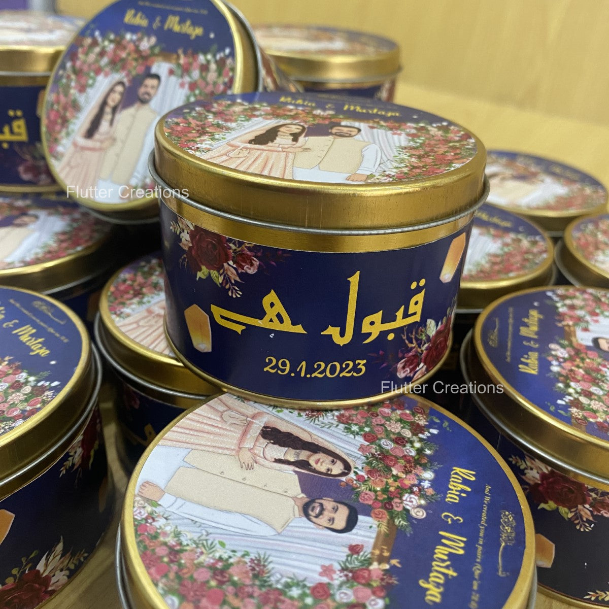 Wedding Customized Tin Bidh Box with custom illustration of Bride & Groom