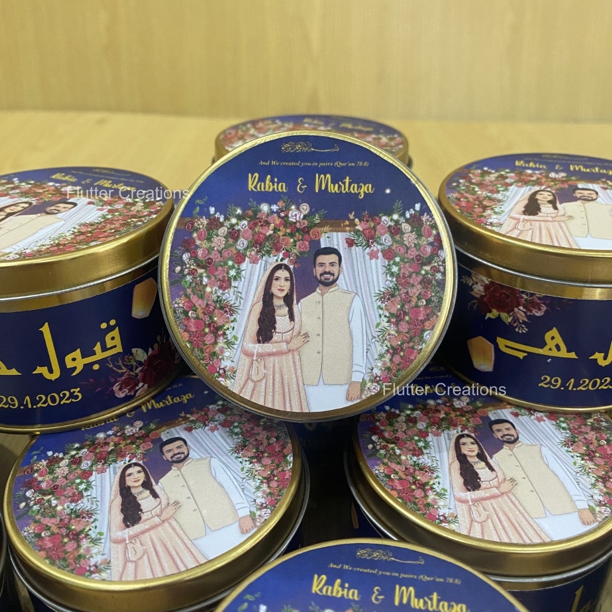 Wedding Customized Tin Bidh Box with custom illustration of Bride & Groom