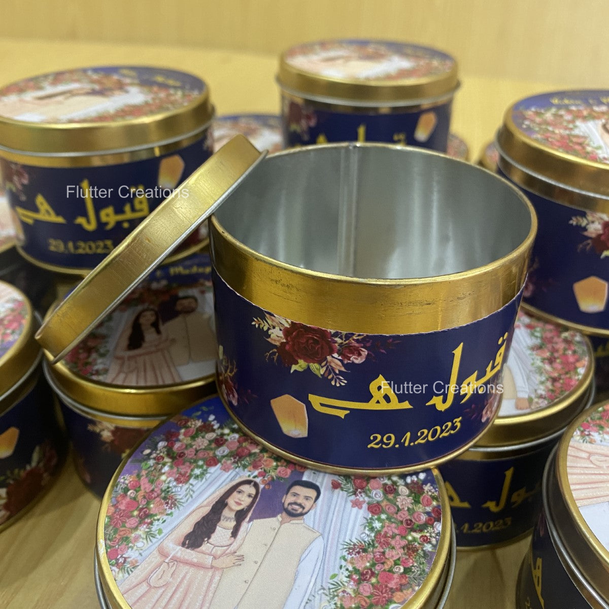 Wedding Customized Tin Bidh Box with custom illustration of Bride & Groom