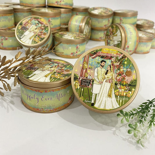 Wedding Customized Tin Bidh Box with Custom Illustration of Bride & Groom