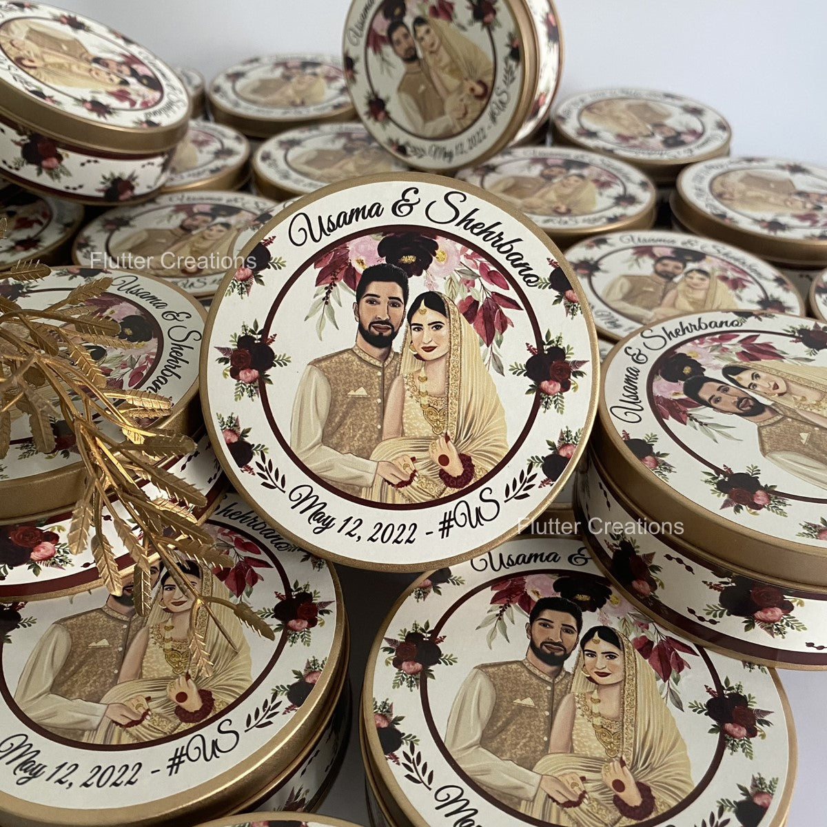 Wedding Customized Tin Bidh Box with custom illustration of Bride & Groom