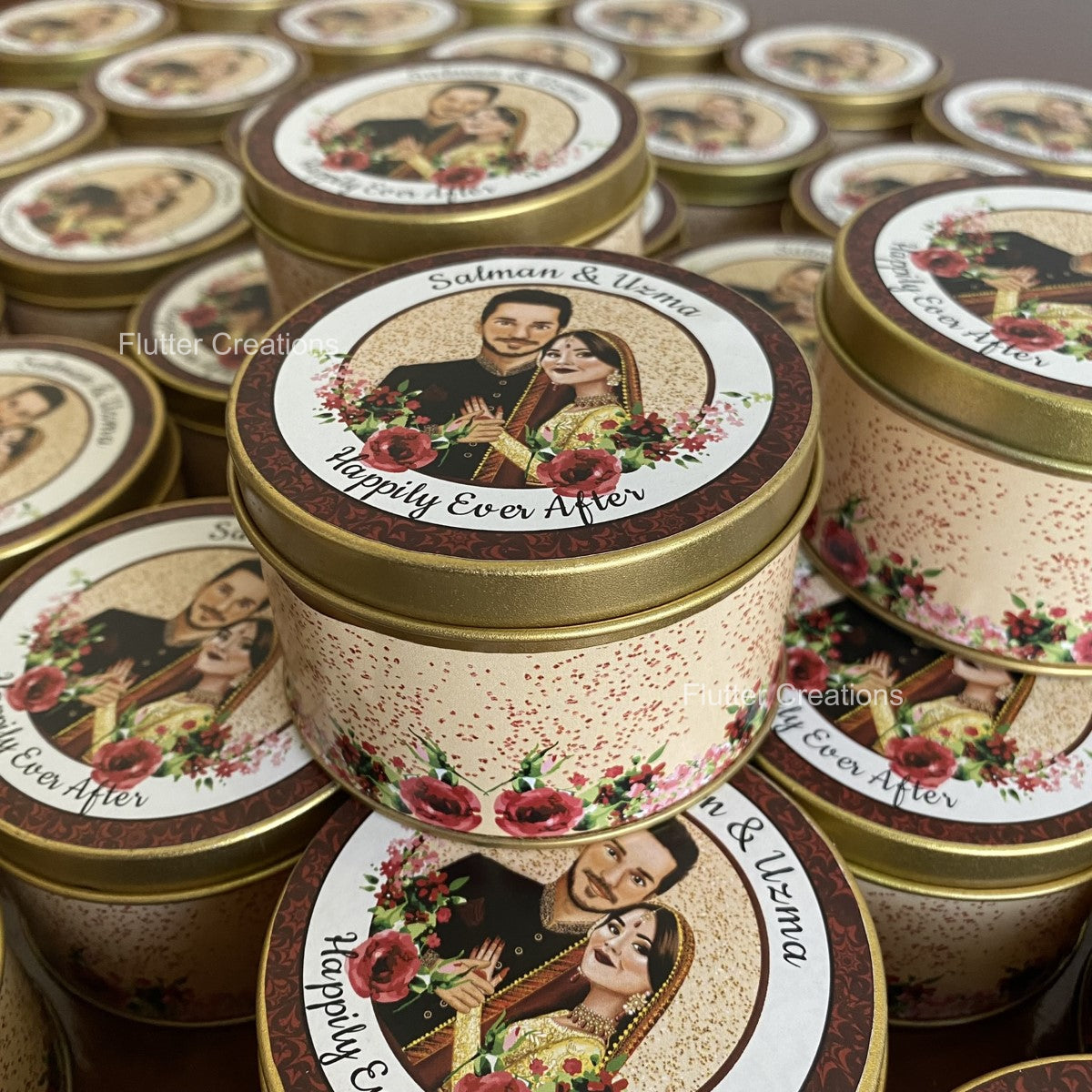Wedding Customized Tin Bidh Box with Custom Illustration of Bride & Groom