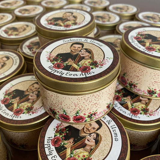 Wedding Customized Tin Bidh Box with Custom Illustration of Bride & Groom