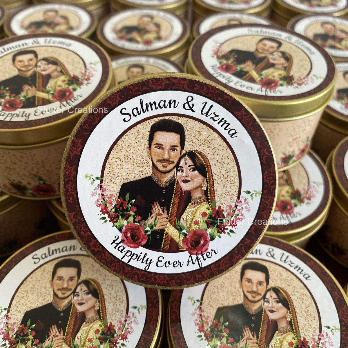Wedding Customized Tin Bidh Box with Custom Illustration of Bride & Groom