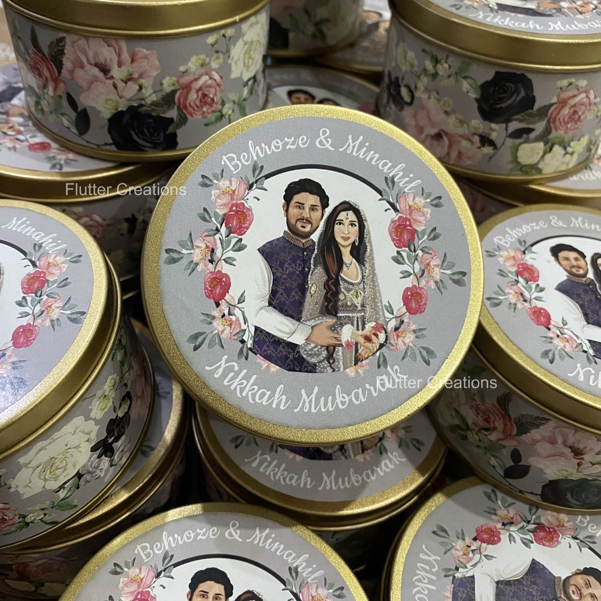 Wedding Customized Tin Bidh Box with custom illustration of Bride & Groom