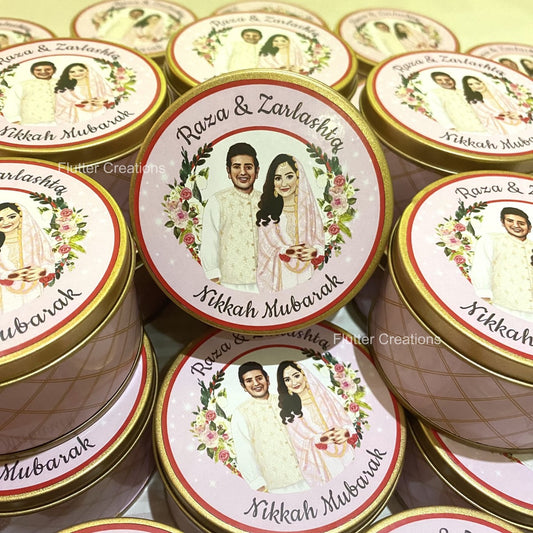 Wedding Customized Tin Bidh Box with Custom Illustration of Bride & Groom