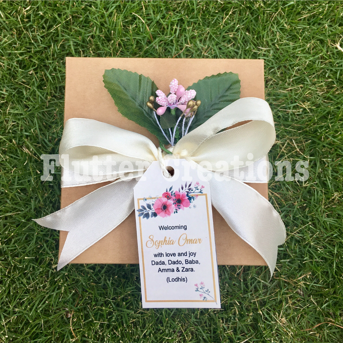 Baby Girl Announcement - Brown Kraft with Ribbon & Leaves