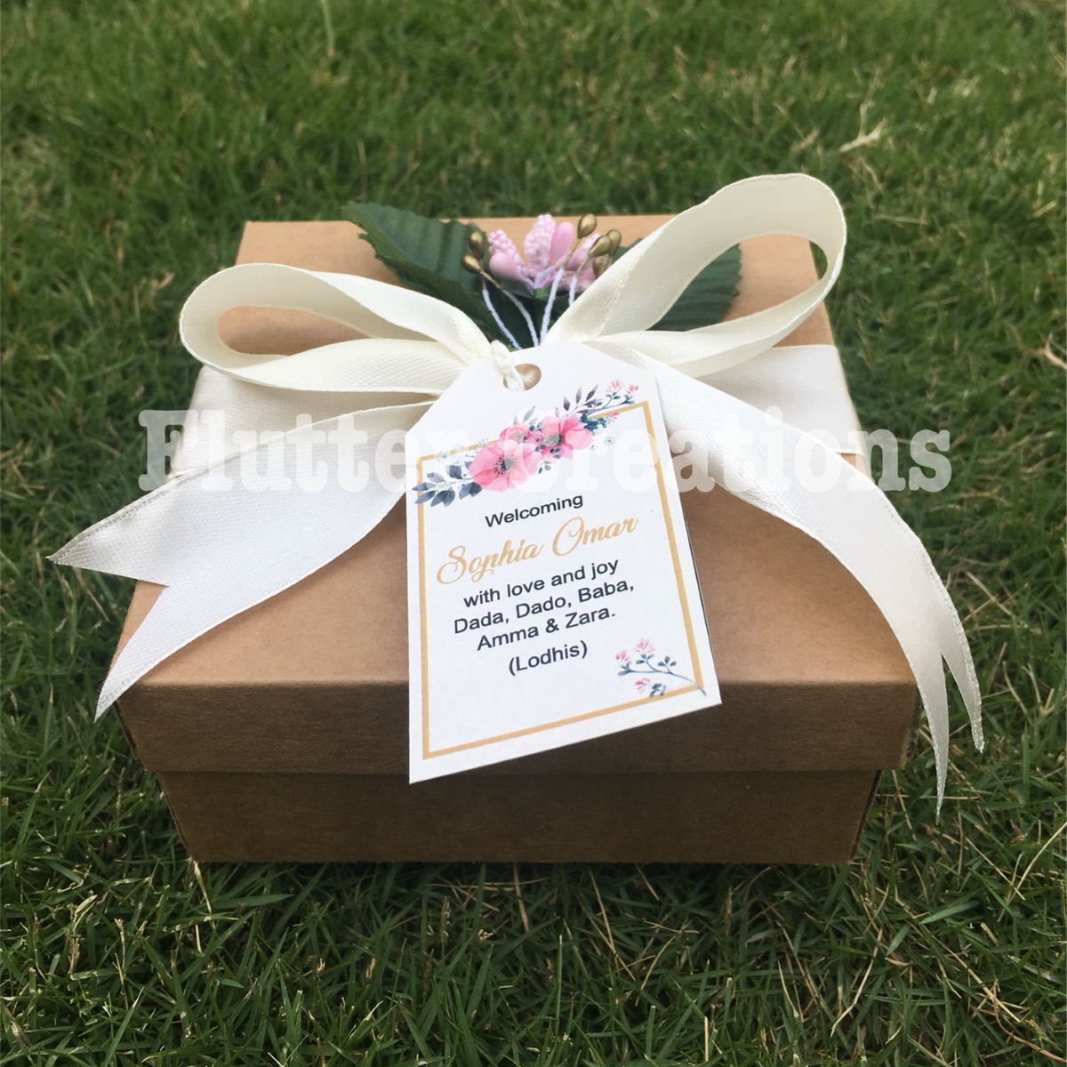 Baby Girl Announcement - Brown Kraft with Ribbon & Leaves
