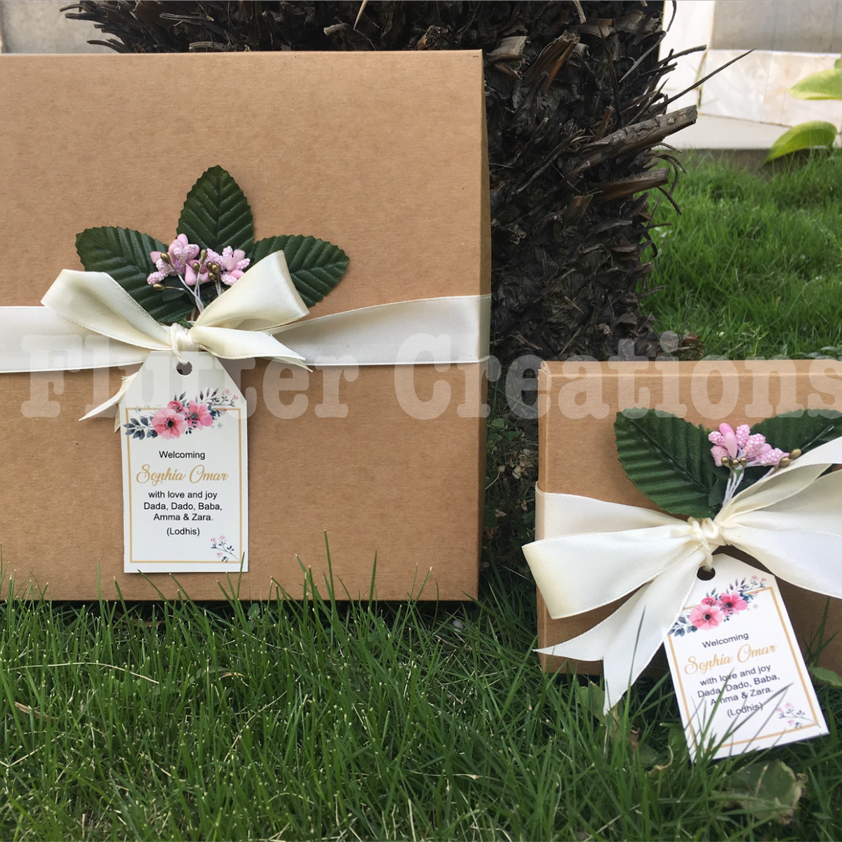 Baby Girl Announcement - Brown Kraft with Ribbon & Leaves