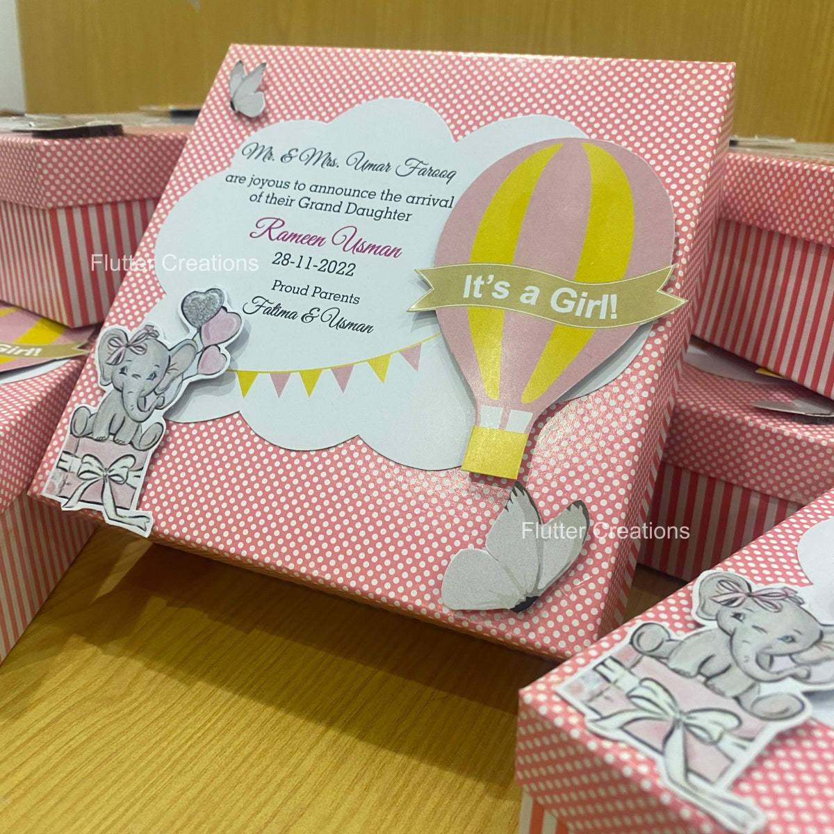 Hot Air Balloon (Elephant) - Baby Girl Announcement Hardboard Box