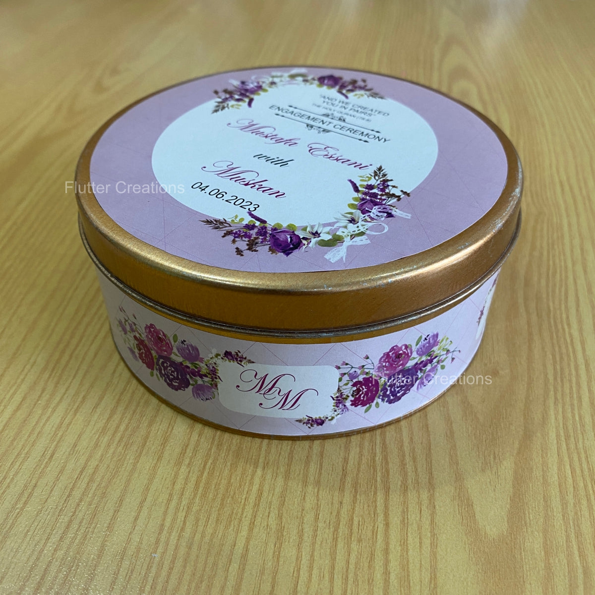 Round Tin Box with customized engagment print on top