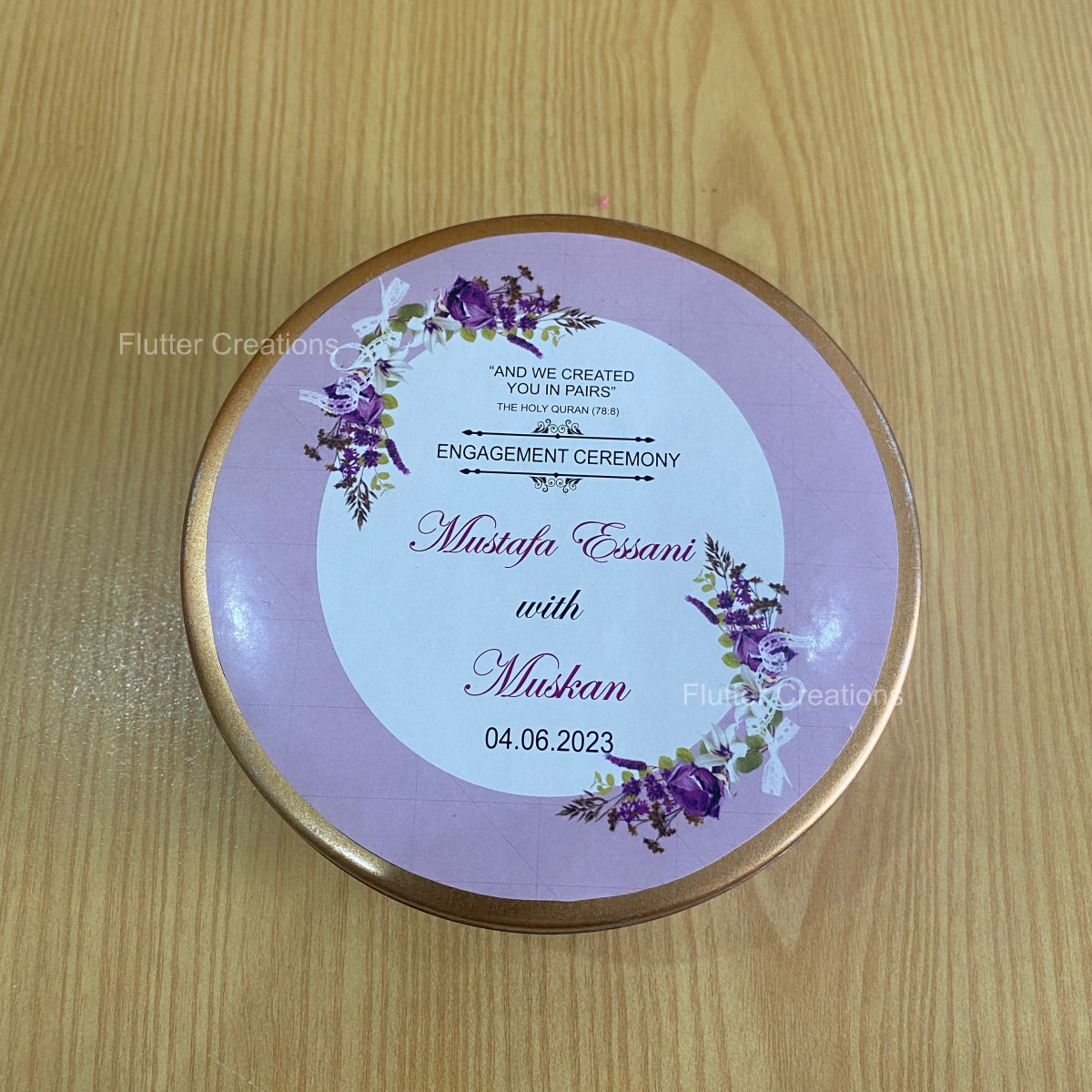 Round Tin Box with customized engagment print on top