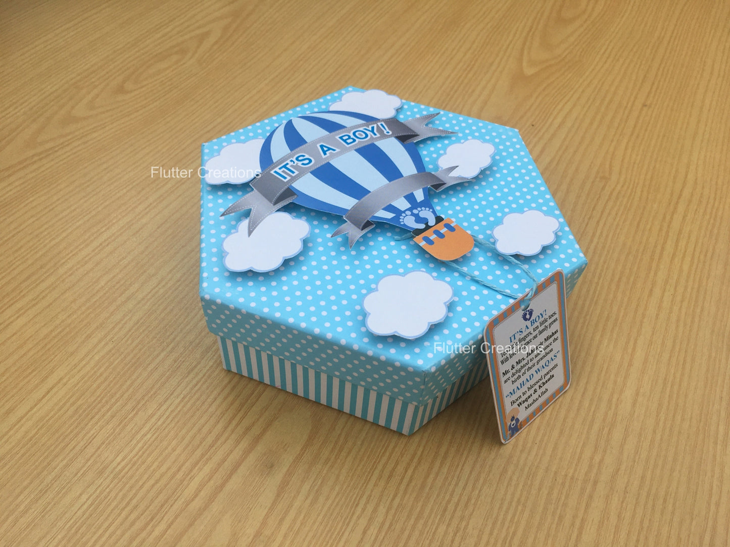 Hot Air Ballon with Clouds (Hexa Shape) - Baby Boy Announcement Box