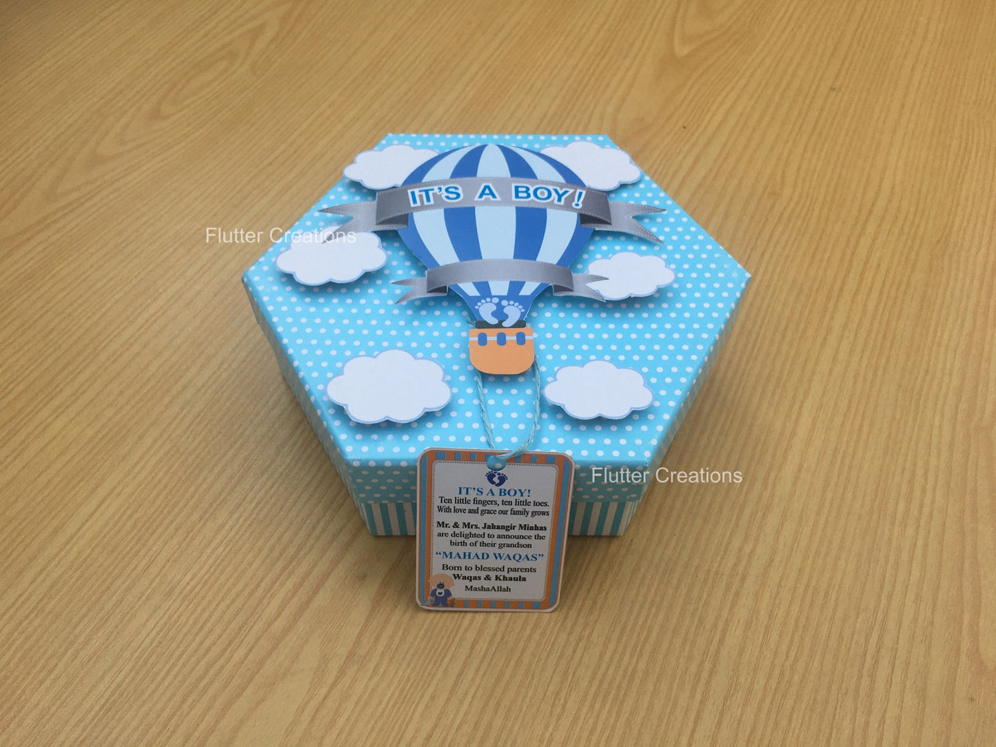 Hot Air Ballon with Clouds (Hexa Shape) - Baby Boy Announcement Box