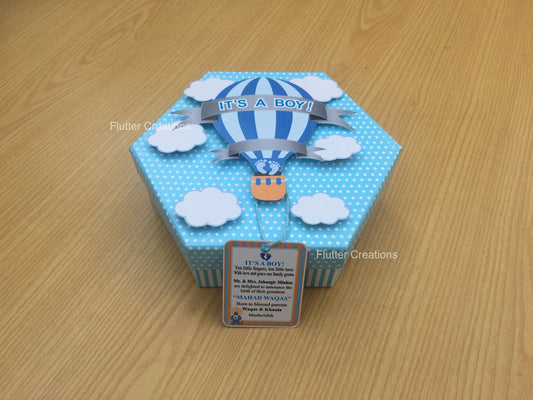 Hot Air Ballon with Clouds (Hexa Shape) - Baby Boy Announcement Box