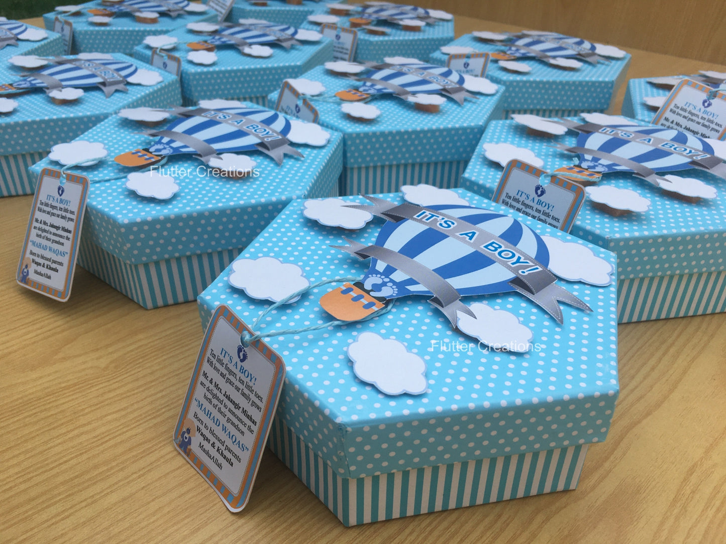 Hot Air Ballon with Clouds (Hexa Shape) - Baby Boy Announcement Box