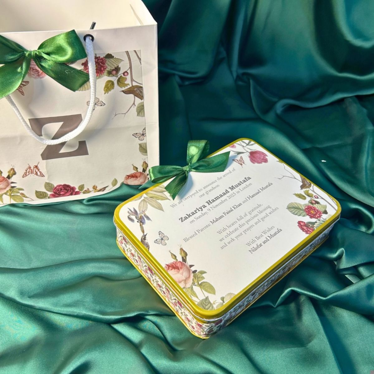 Personalized Baby Announcement Square Tin Box with ribbon bow