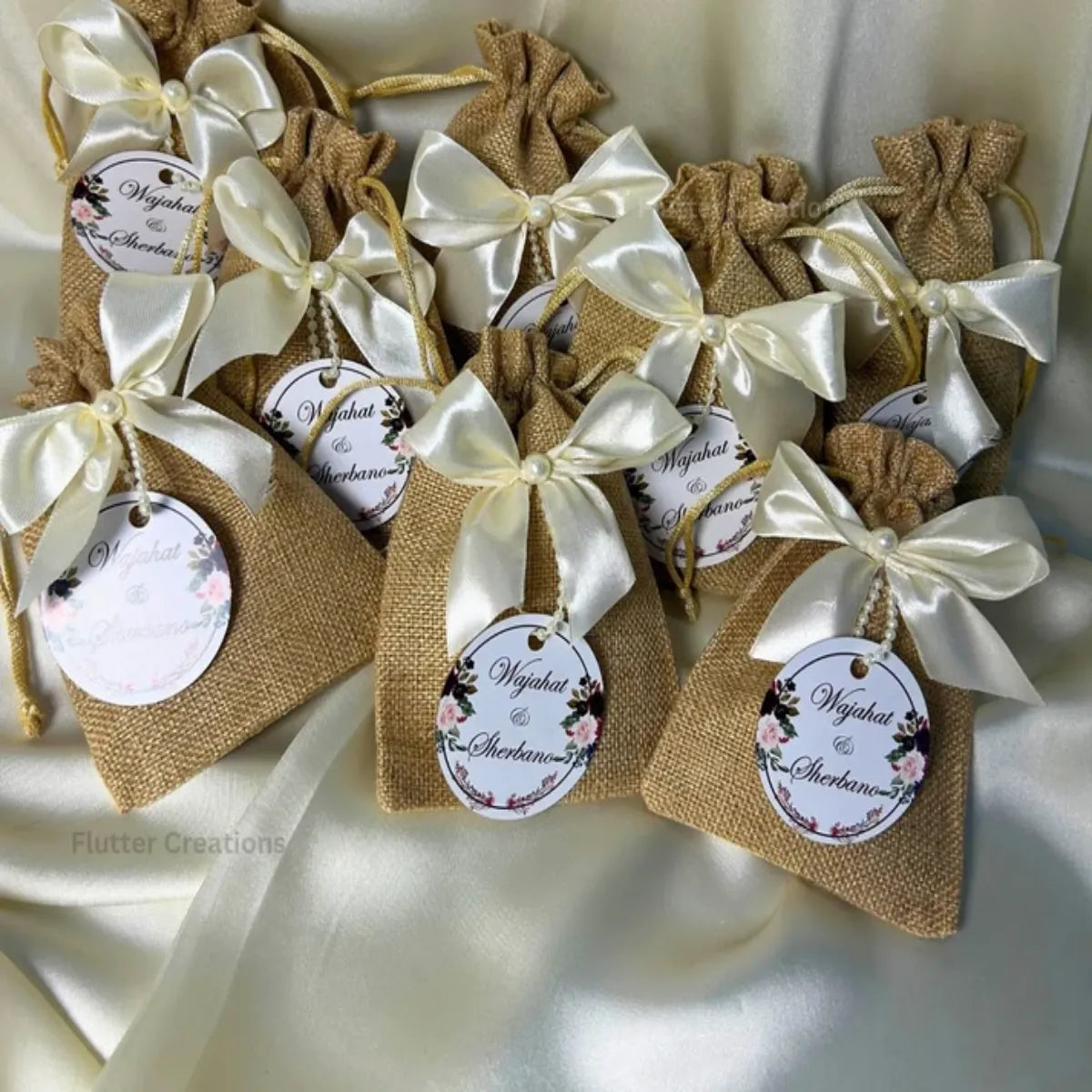 Khaki Jute Pouches with Off White Ribbon
