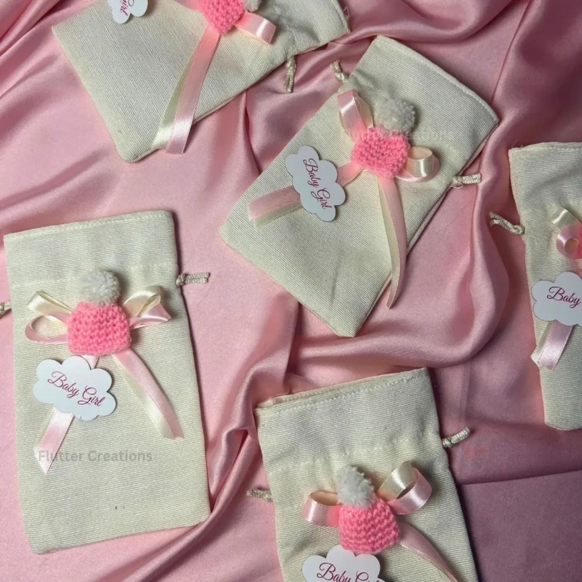 Premium White Pouch with Crochet Cap, baby girl announcement bag