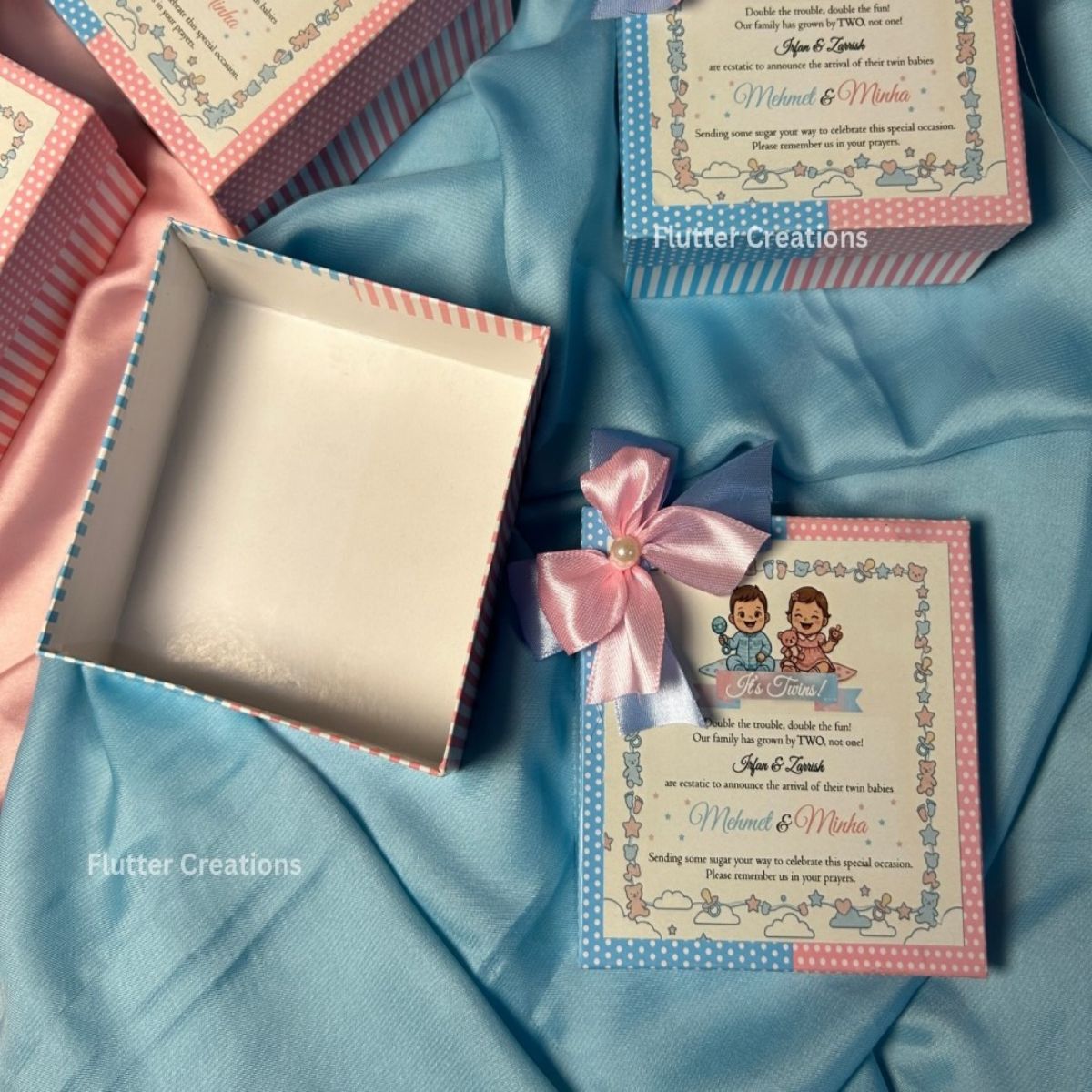 Twin Baby Announcement Box with Double Ribbon and Pearl
