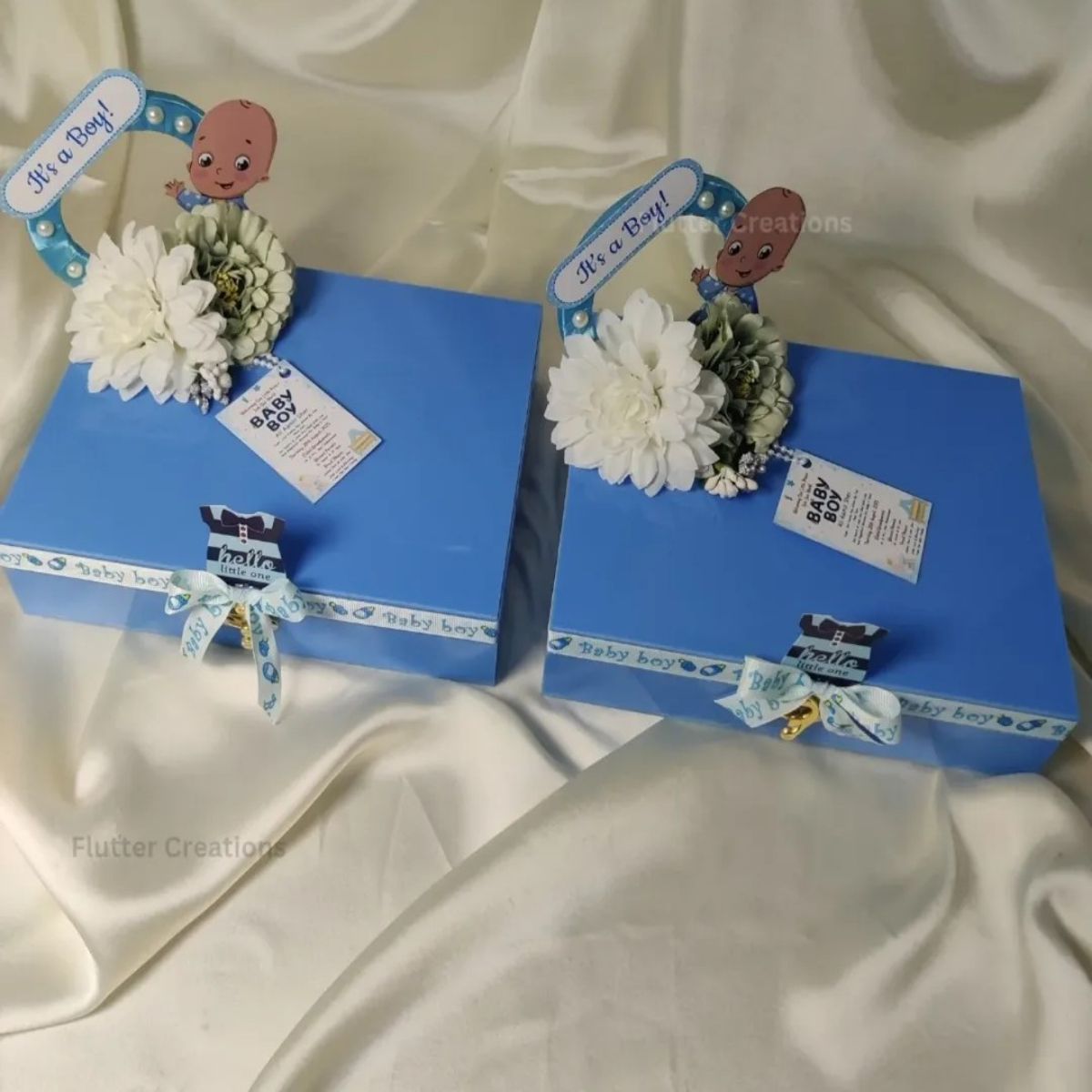 Blue Acrylic Its a boy sign with flowers and ribbon