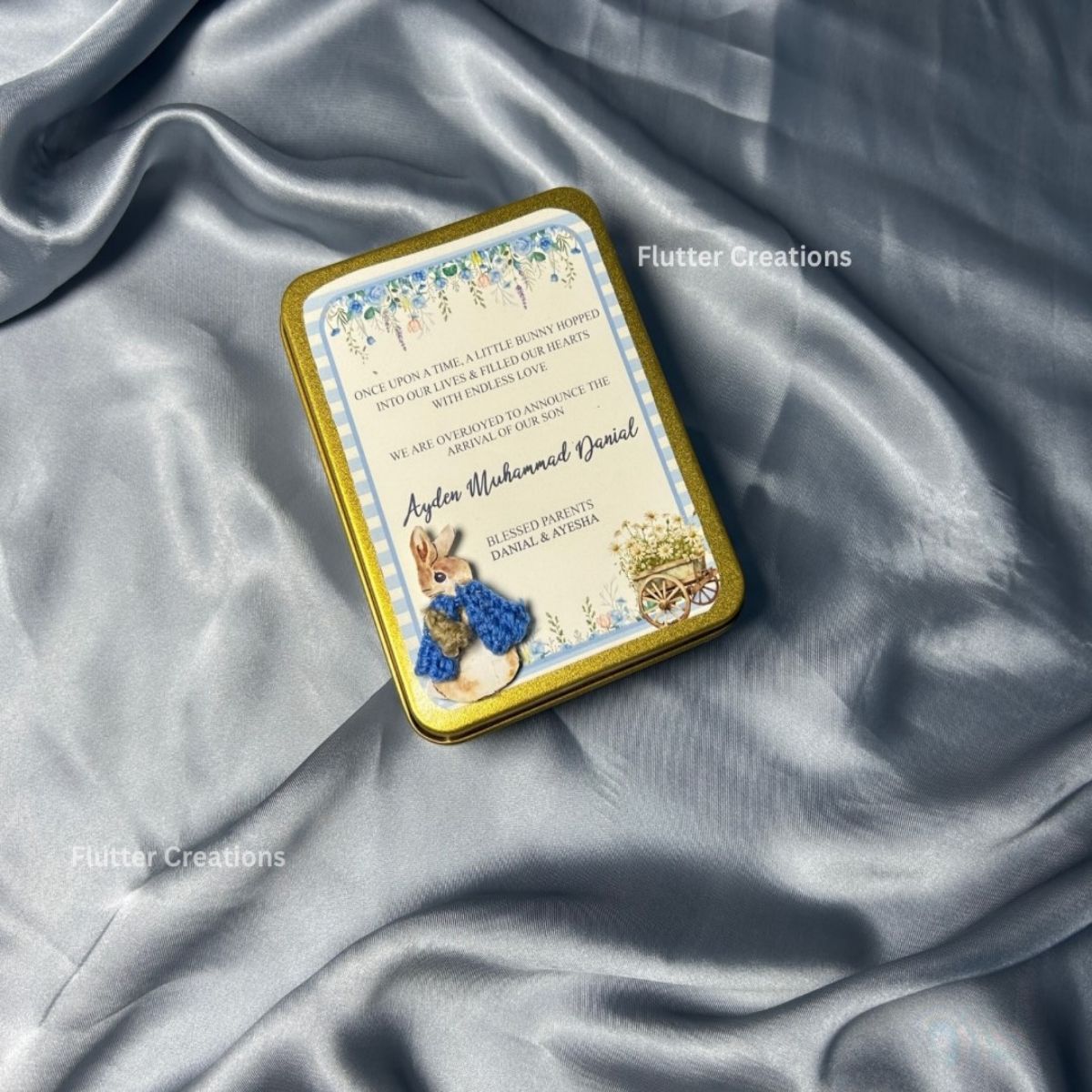 Bunny with Crochet Jacket Baby Announcement Tin Box