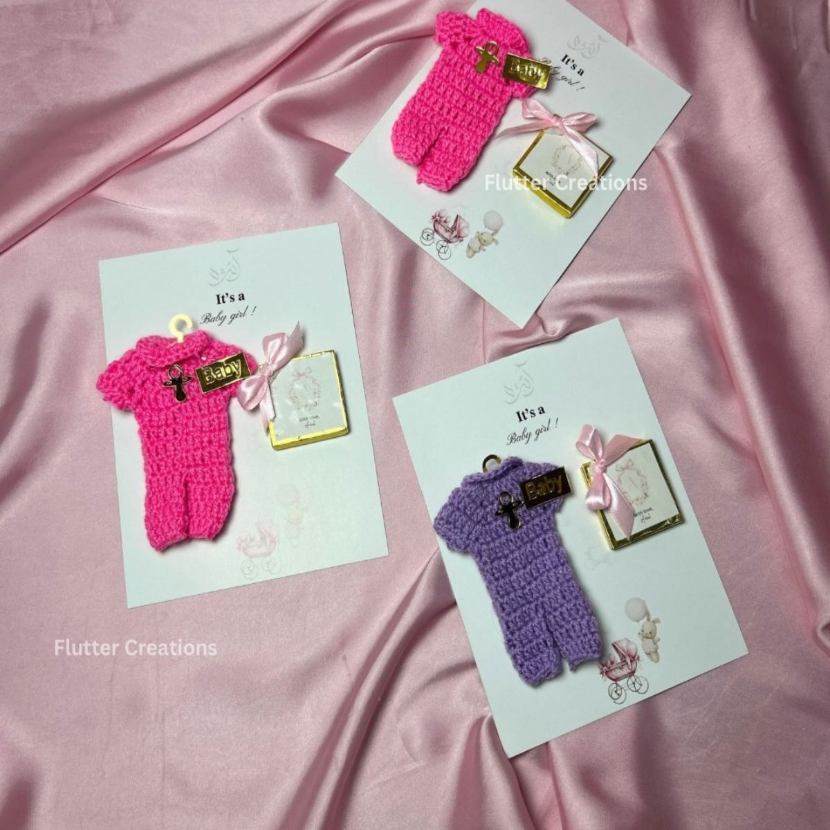 Baby Shower Giveaway Cards (with Crochet dresses and Milk Chocolate)