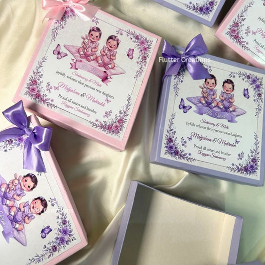 Personalized Twin Baby Announcement Box - Card n Bow Design
