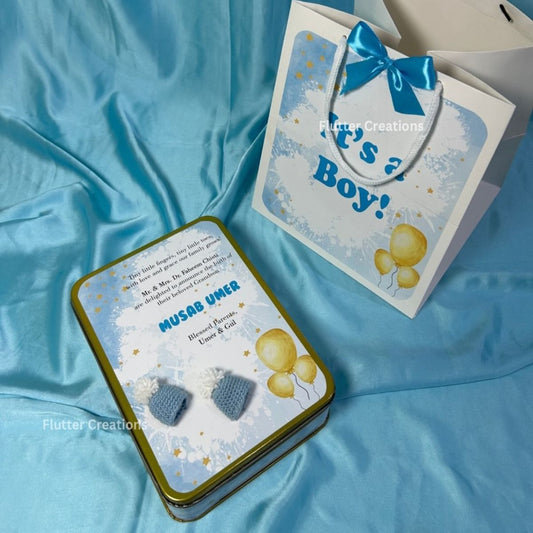 Baby Boy Announcement Tin Box - Crochet Caps