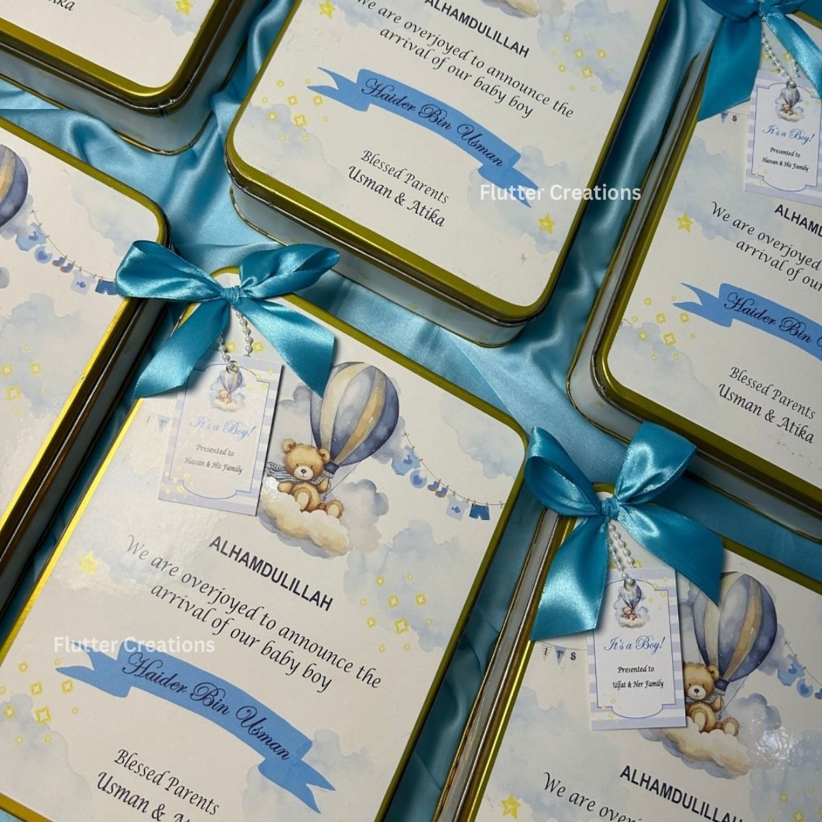 Customized Baby Announcement Rectangular Tin Box with Bow and tag