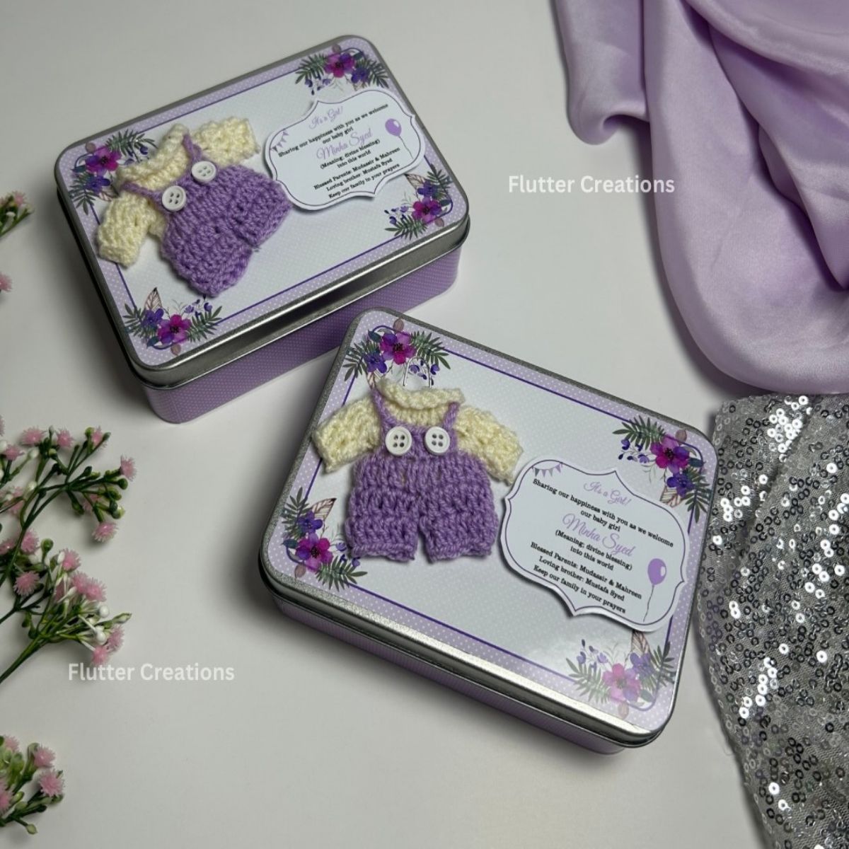 Purple Crochet Dress - Baby Girl Announcement Tin Metal Box