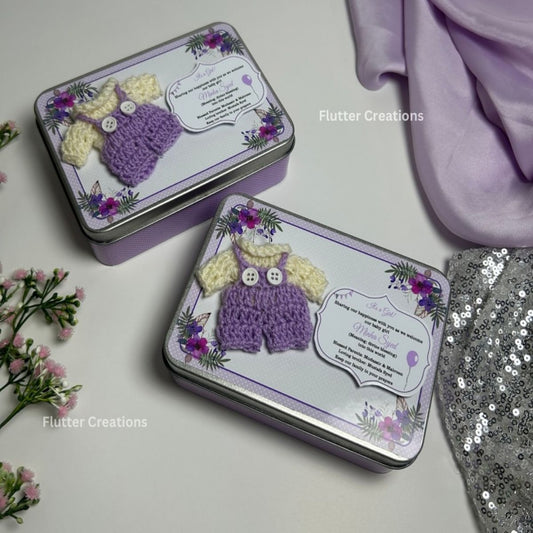 Purple Crochet Dress - Baby Girl Announcement Tin Metal Box