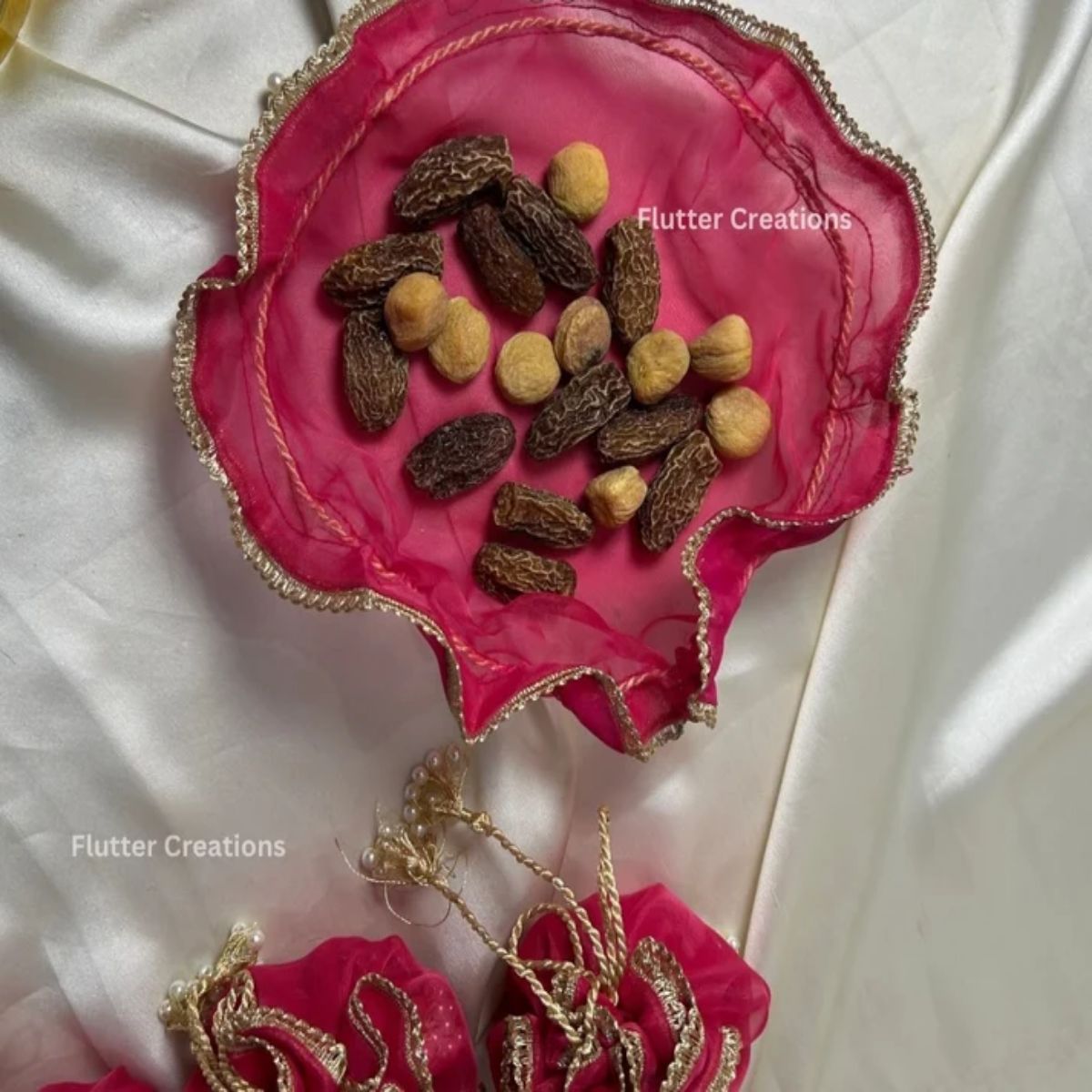 Dark Pink Organza Potlis with double pearl tassel and name tag