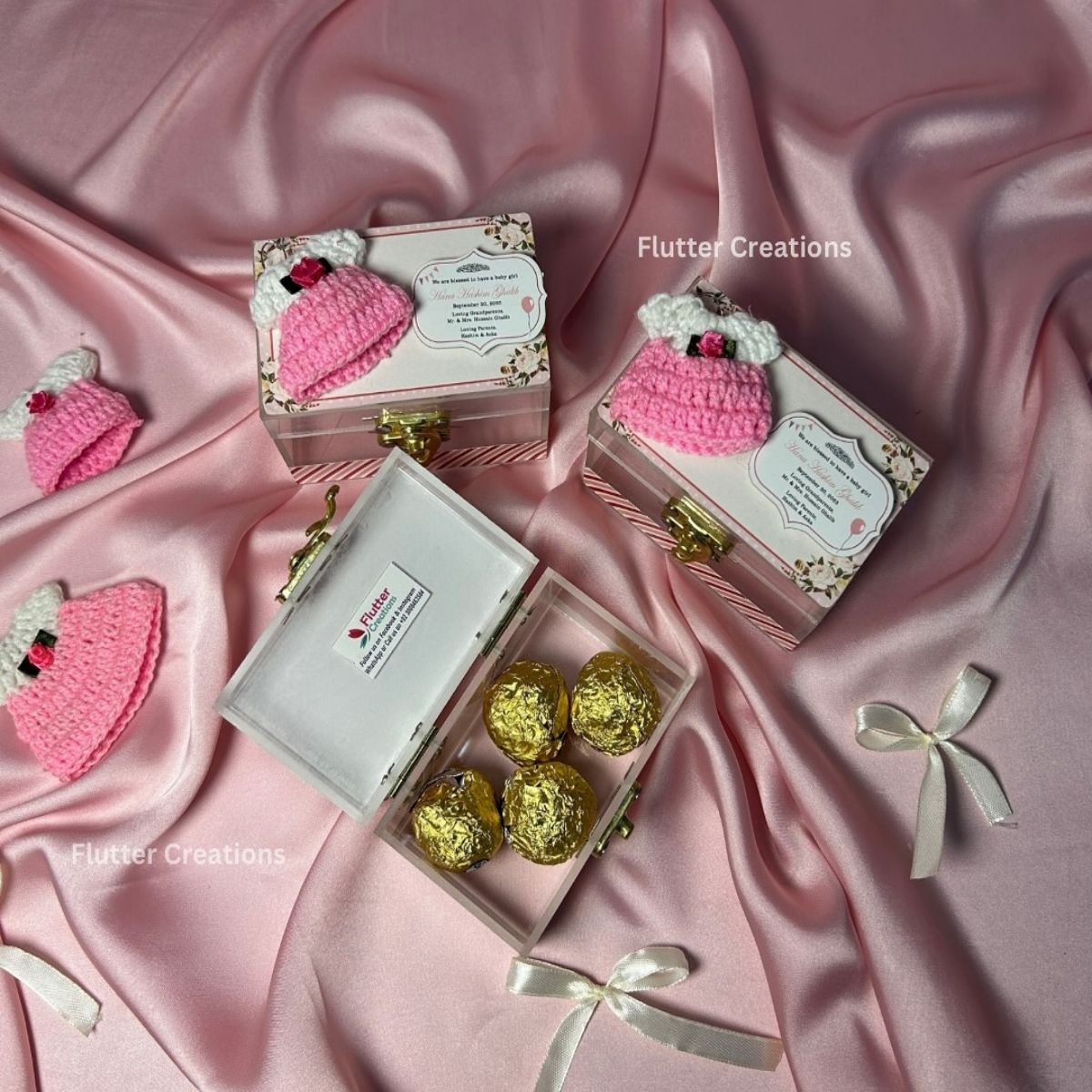 Baby Girl Announcement Acrylic Box (Pink Crochet Dress)