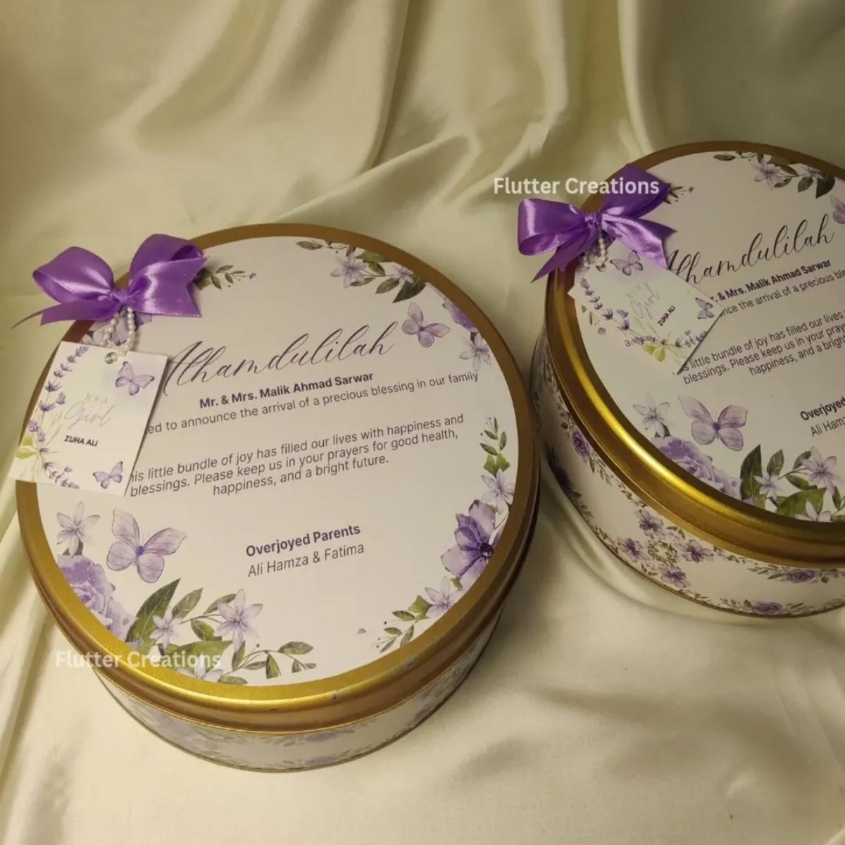 Baby Girl Announcement Round Tin Box with Bow n Card