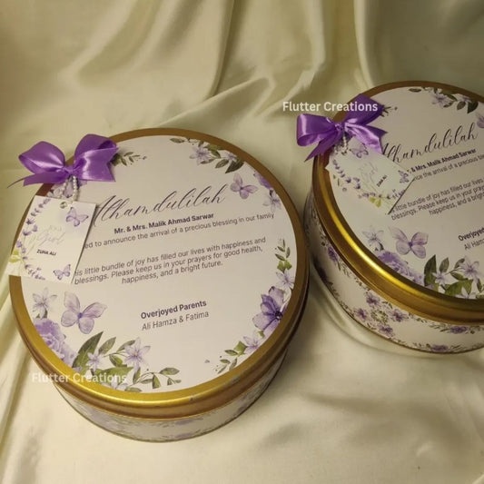Baby Girl Announcement Round Tin Box with Bow n Card