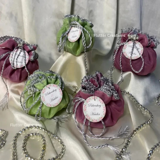Green or Purple Silk Lining Organza potlis with Silver string