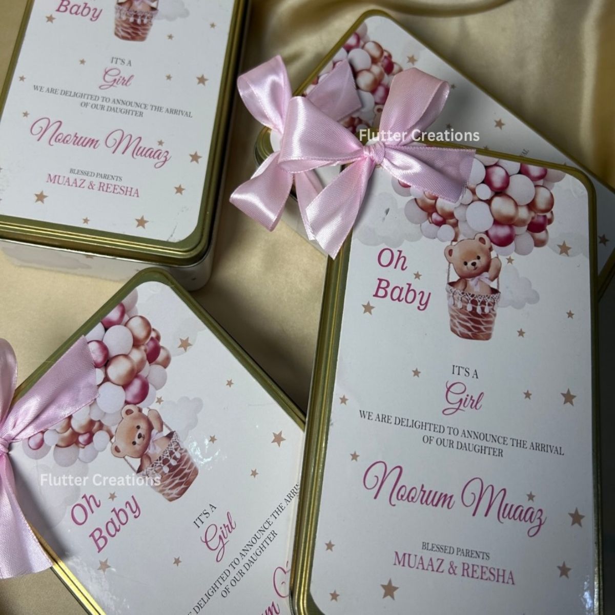Baby Girl Announcement Tin Box with Ribbon Bow