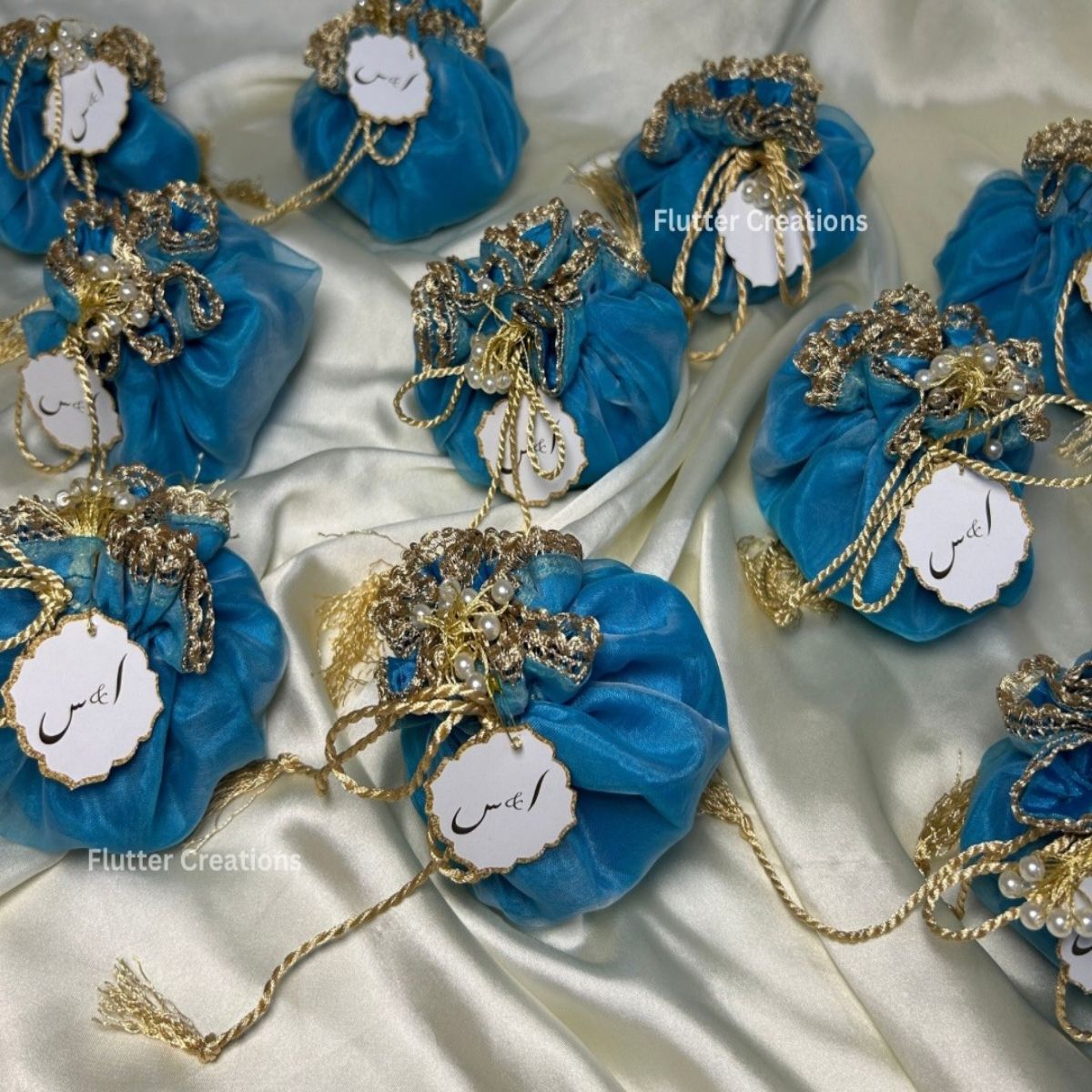Light Blue Double Organza Potlis with Pearl tassel & Tag