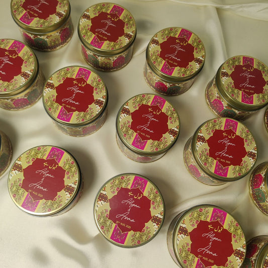 Customized "QABOOL HEIN " Print Round Tin box