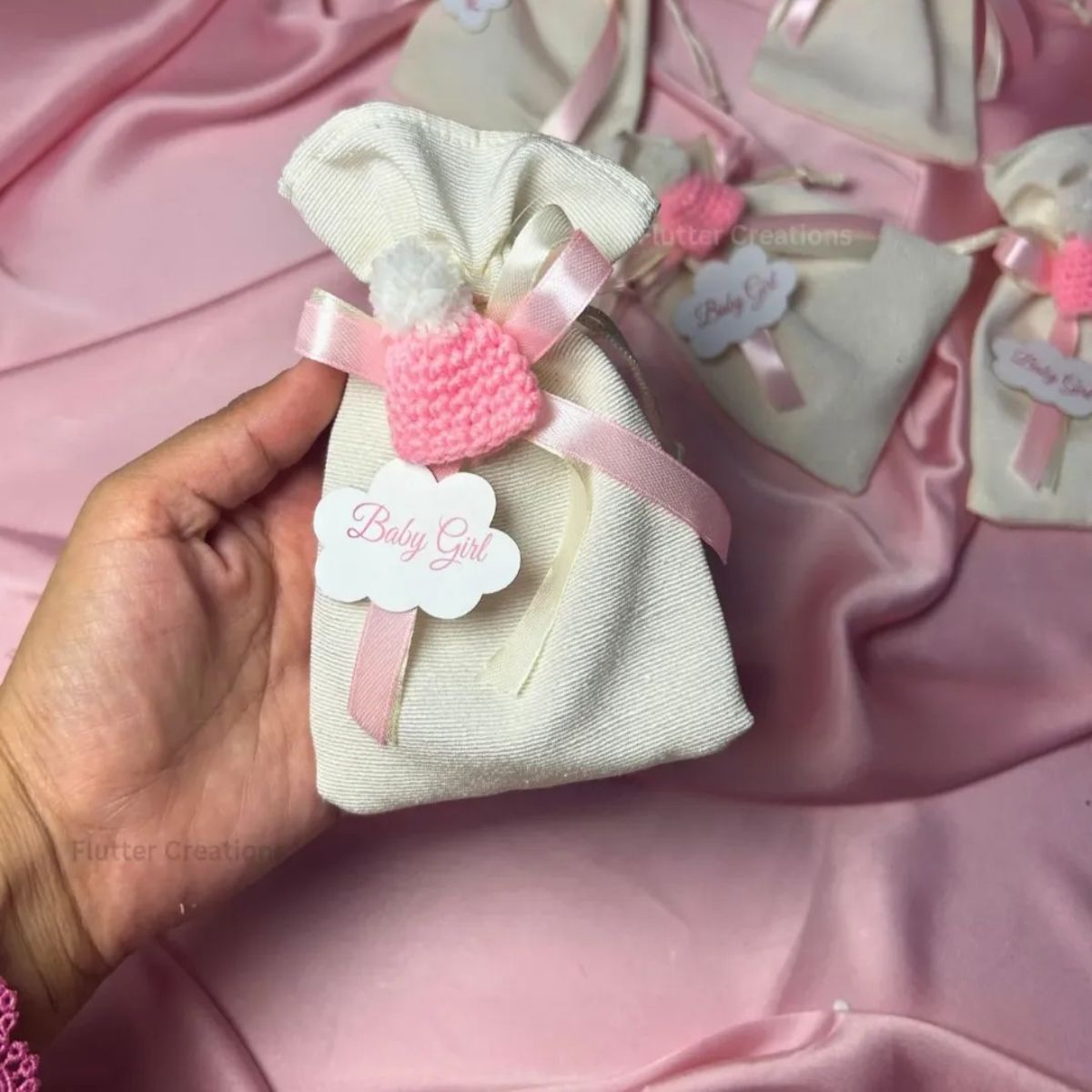 Premium White Pouch with Crochet Cap, baby girl announcement bag