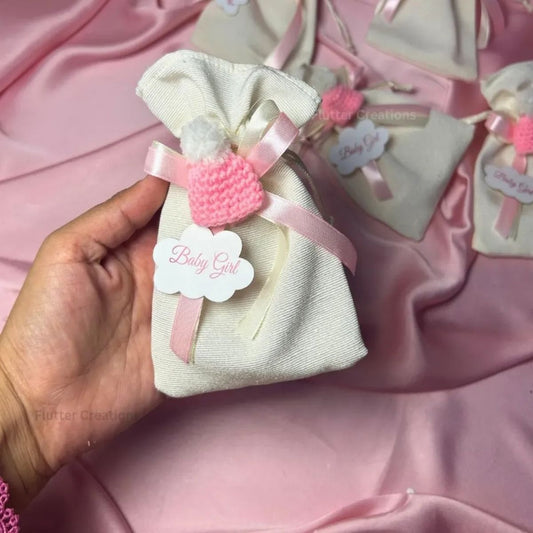 Premium White Pouch with Crochet Cap, baby girl announcement bag