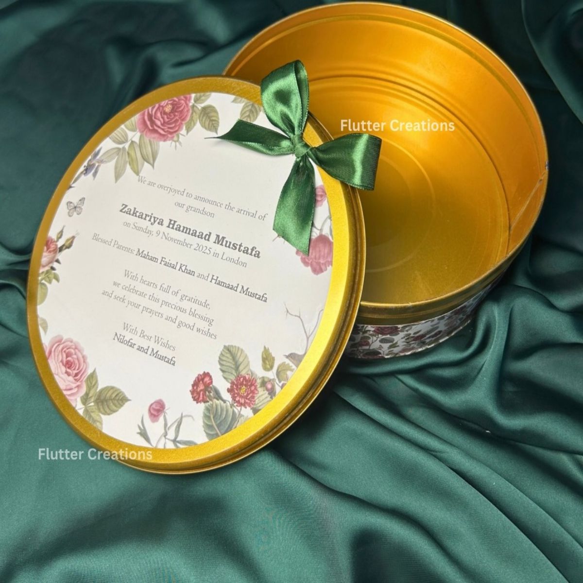 Personalized Baby Announcement Round Tin Box with ribbon bow