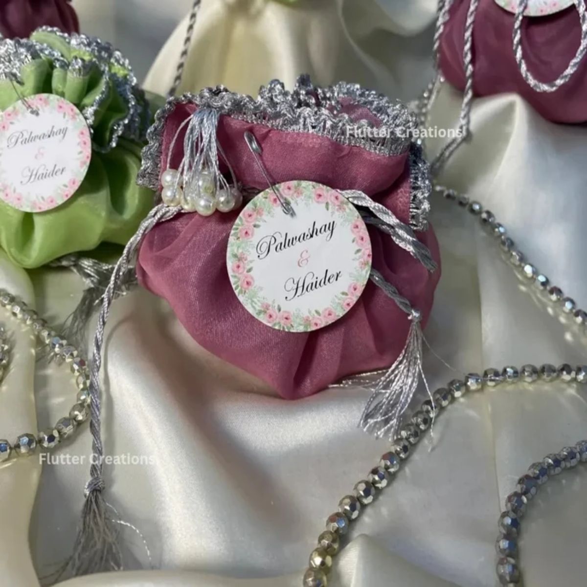 Green or Purple Silk Lining Organza potlis with Silver string