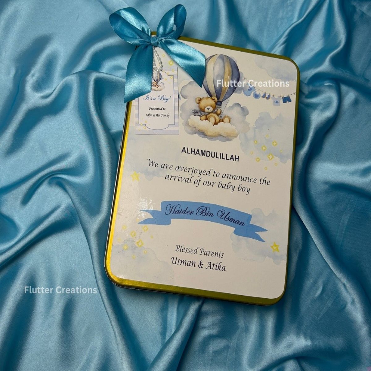 Customized Baby Announcement Rectangular Tin Box with Bow and tag